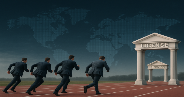 Business operators racing toward a licensing gateway on a track