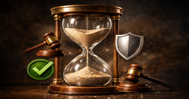 Hourglass with a check mark and gavel symbolizing timely regulatory approval