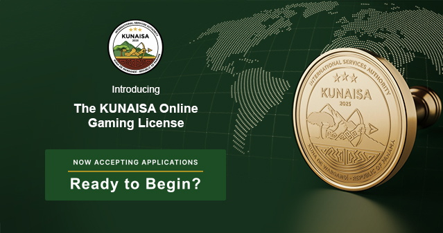 KUNAISA online gaming license promotional banner featuring a gold licensing seal, world map background, and call to begin the application process.
