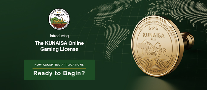 KUNAISA online gaming license promotional banner featuring a gold licensing seal, world map background, and call to begin the application process.