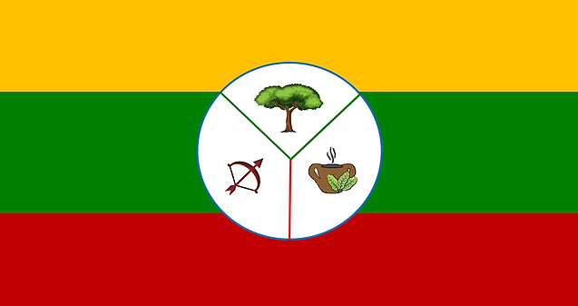 Wargandí flag featuring yellow, green and red horizontal stripes with the traditional Wargandí emblem in the center.